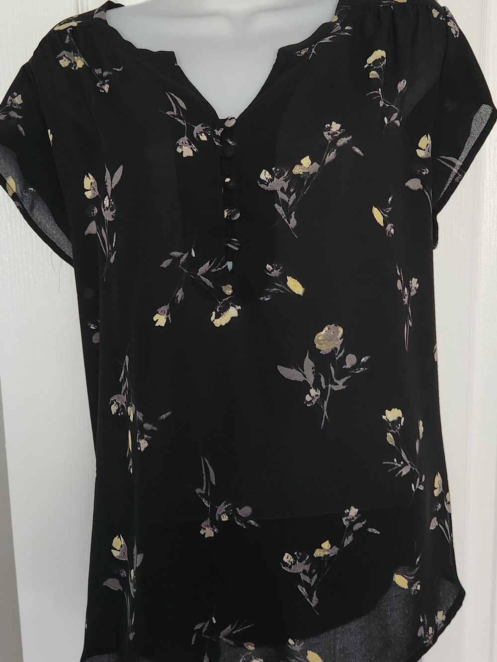 Black Floral Cap-Sleeve Blouse with Yellow Accents
